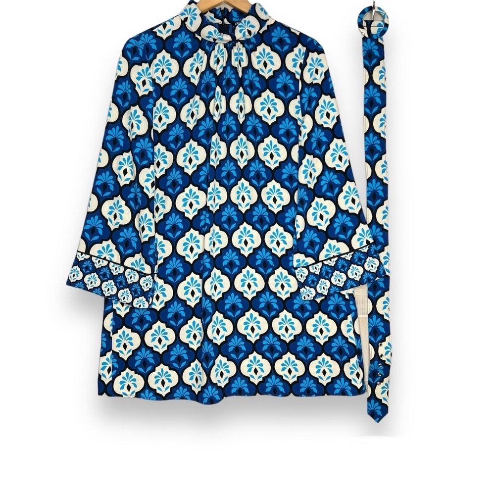 Zara Women’s S Belted Retro Print Mini Dress FW22 Ecru Blue Mod Geometrical
